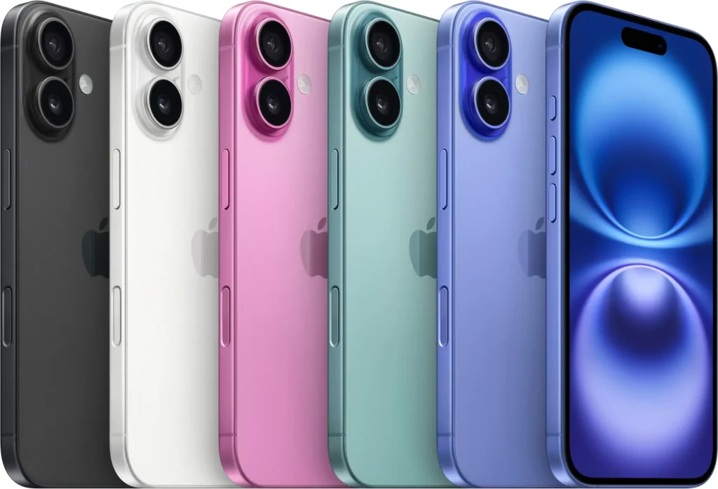 Apple iPhone 16 smartphones in multiple colorways — black, silver, gold, and blue — featuring premium design, advanced cameras, and edge-to-edge display