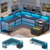 L Shaped Desk with Power Outlet & LED Lights, File Drawer, Computer Desk for Home Office – Black