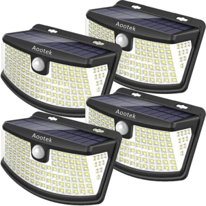 New Solar Motion Sensor Lights 120 Leds with Lights Reflector,270° Wide Angle, IP65 Waterproof, Step Lights for Front Door, Yard, Garage, Deck (Back Button 4-Pack)